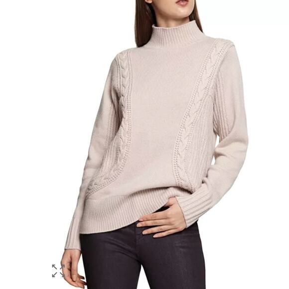 Reiss Dalia Cableknit Wool Blend Sweater Sz Small Classic Funnel Neck Beige - Picture 1 of 7